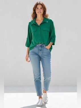 SKFK Deitze Relaxed Shirt US 6 Green Organic Cotton Utility Button Front Top NWT